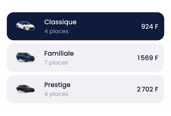 Dans l'appli : les offres Classique, Familiale et Prestige avec leur prix