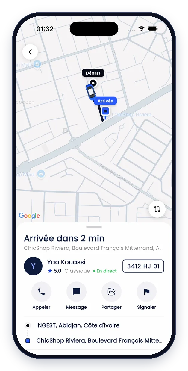 L'écran de la course : le temps restant, le chauffeur et sa plaque